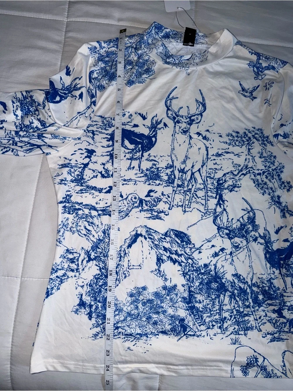 Blue & White Deer Printed Pleated Skirt and Long Sleeve Top Set - XL